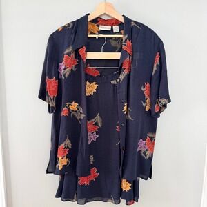 Liz‎ Claiborne Navy Blue Floral A-Line Skirt/Blouse Set Women's Sz 14-16